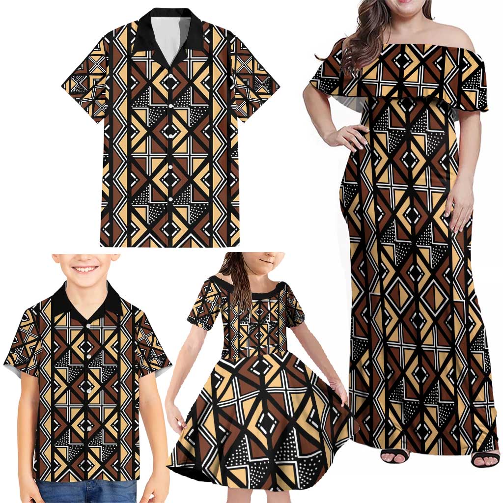 Mali Mud Cloth Legacy Pattern Family Matching Off Shoulder Maxi Dress and Hawaiian Shirt Ethnic Geometry Style - Wonder Print Shop