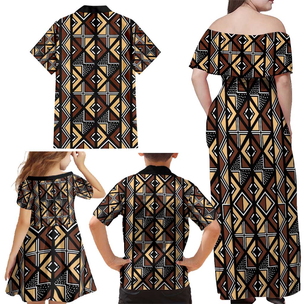 Mali Mud Cloth Legacy Pattern Family Matching Off Shoulder Maxi Dress and Hawaiian Shirt Ethnic Geometry Style - Wonder Print Shop