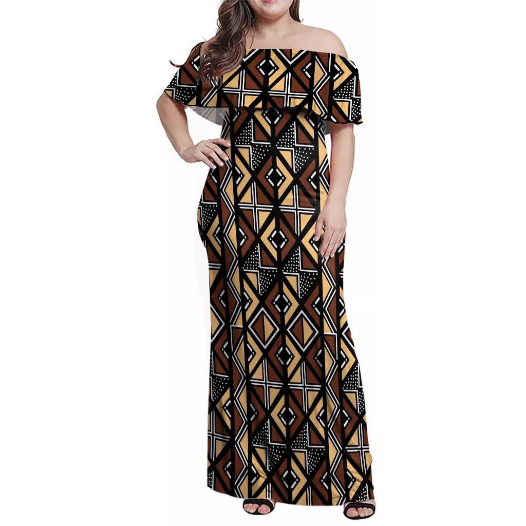 Mali Mud Cloth Legacy Pattern Family Matching Off Shoulder Maxi Dress and Hawaiian Shirt Ethnic Geometry Style - Wonder Print Shop