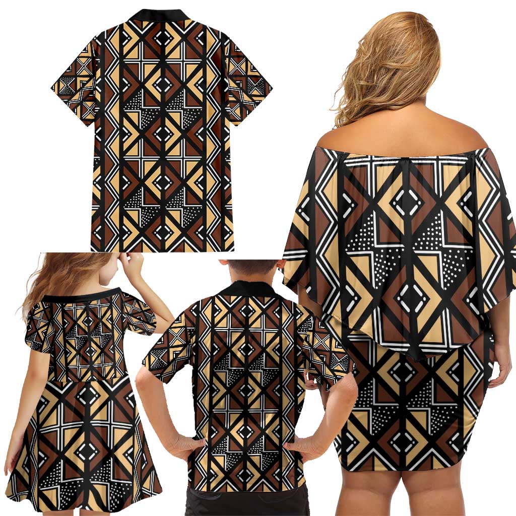 Mali Mud Cloth Legacy Pattern Family Matching Off Shoulder Short Dress and Hawaiian Shirt Ethnic Geometry Style - Wonder Print Shop