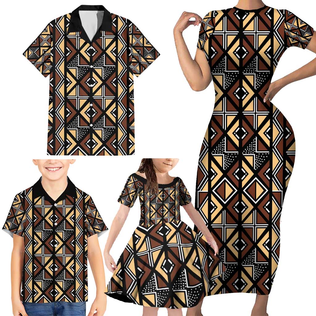 Mali Mud Cloth Legacy Pattern Family Matching Short Sleeve Bodycon Dress and Hawaiian Shirt Ethnic Geometry Style - Wonder Print Shop