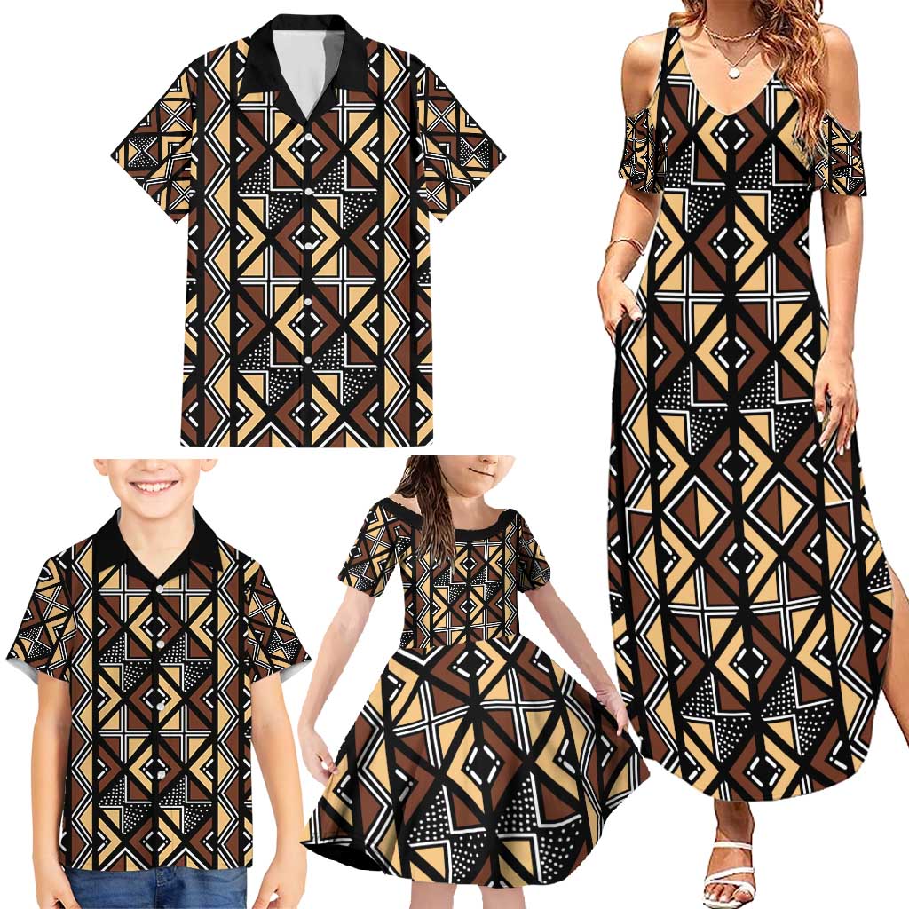 Mali Mud Cloth Legacy Pattern Family Matching Summer Maxi Dress and Hawaiian Shirt Ethnic Geometry Style - Wonder Print Shop