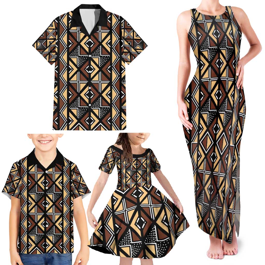 Mali Mud Cloth Legacy Pattern Family Matching Tank Maxi Dress and Hawaiian Shirt Ethnic Geometry Style - Wonder Print Shop