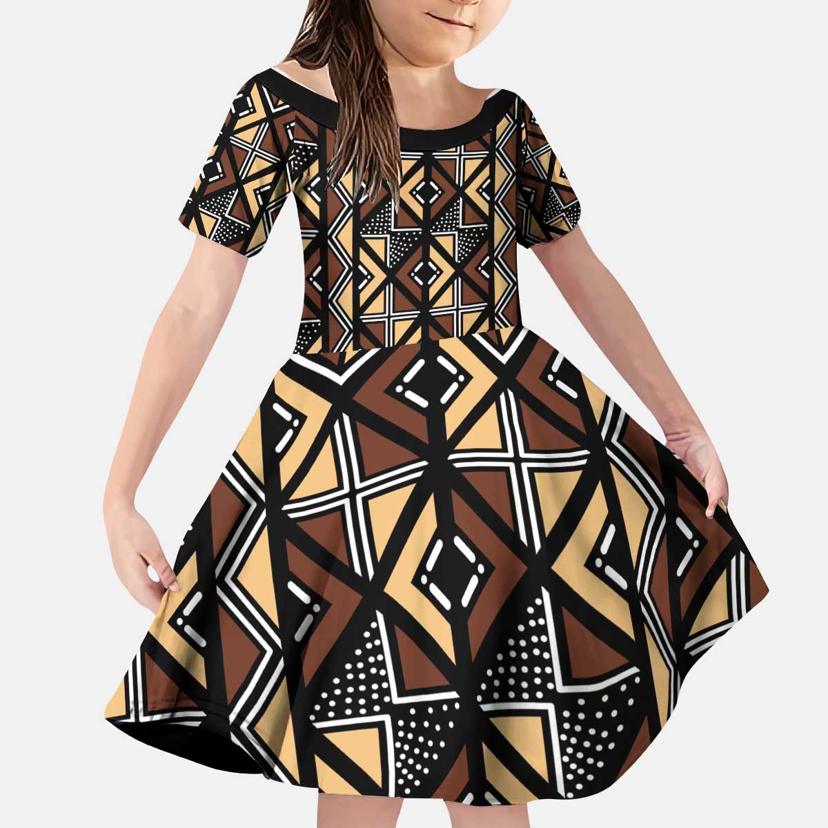 Mali Mud Cloth Legacy Pattern Kid Short Sleeve Dress Ethnic Geometry Style - Wonder Print Shop