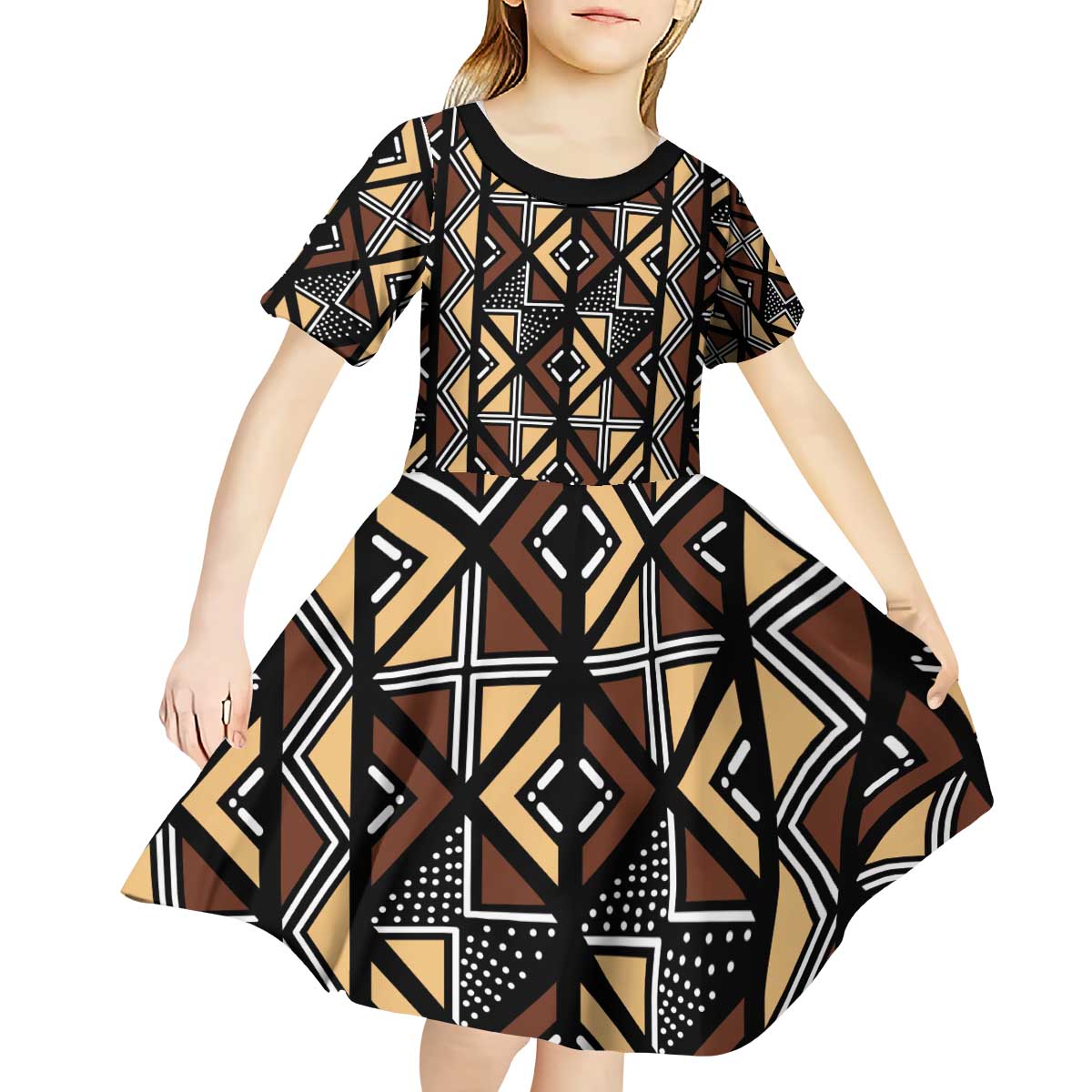 Mali Mud Cloth Legacy Pattern Kid Short Sleeve Dress Ethnic Geometry Style - Wonder Print Shop