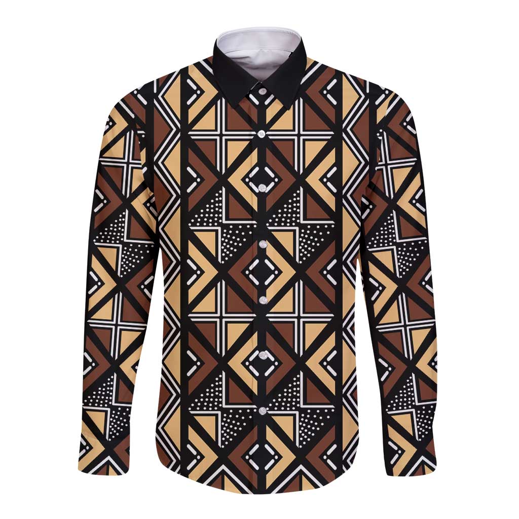 Mali Mud Cloth Legacy Pattern Long Sleeve Button Shirt Ethnic Geometry Style - Wonder Print Shop