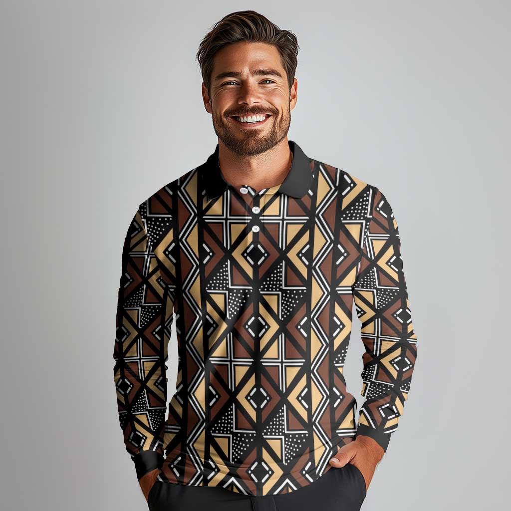 Mali Mud Cloth Legacy Pattern Long Sleeve Polo Shirt Ethnic Geometry Style - Wonder Print Shop
