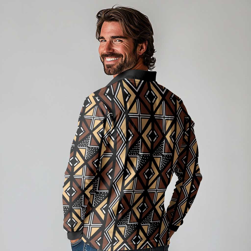 Mali Mud Cloth Legacy Pattern Long Sleeve Polo Shirt Ethnic Geometry Style - Wonder Print Shop