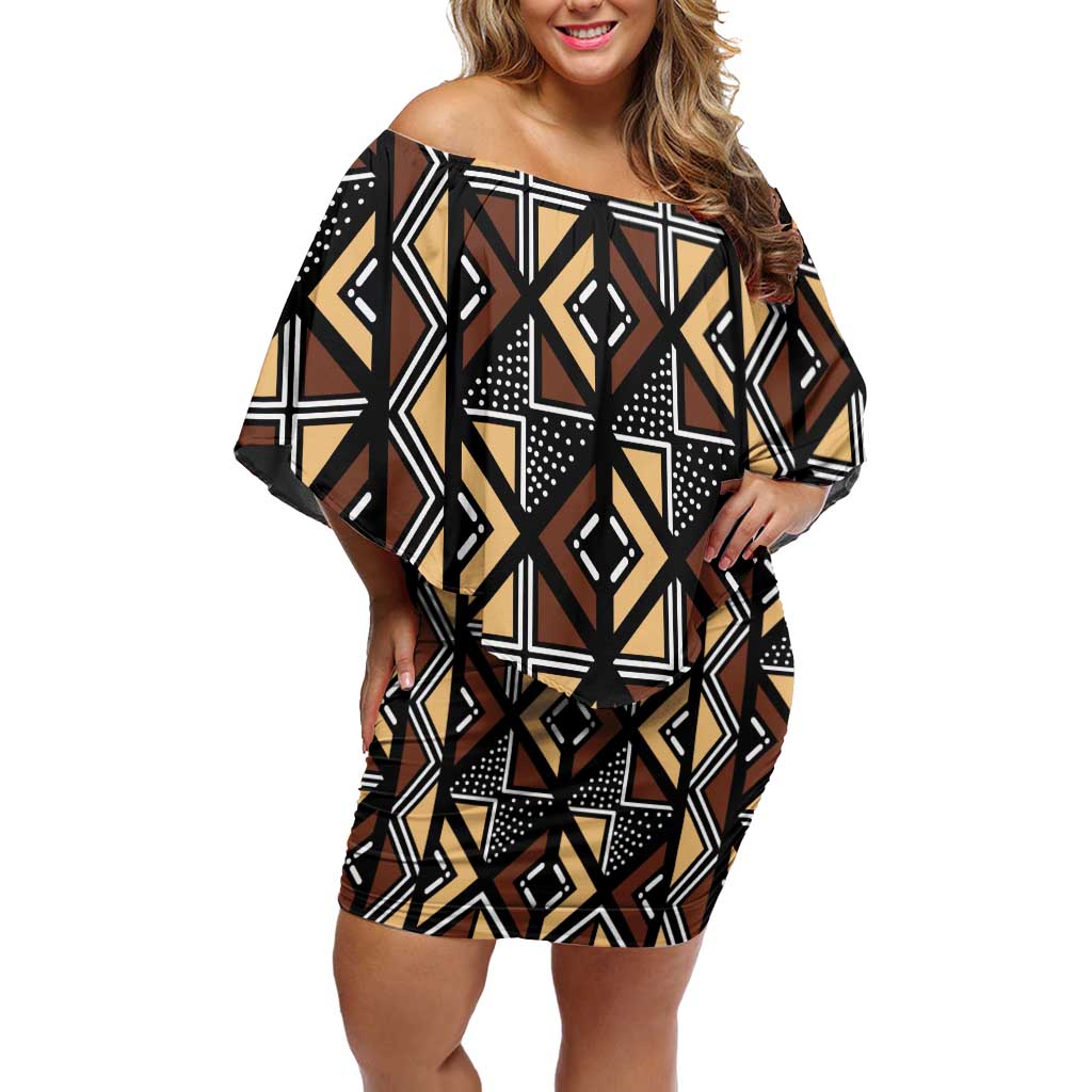 Mali Mud Cloth Legacy Pattern Off Shoulder Short Dress Ethnic Geometry Style - Wonder Print Shop