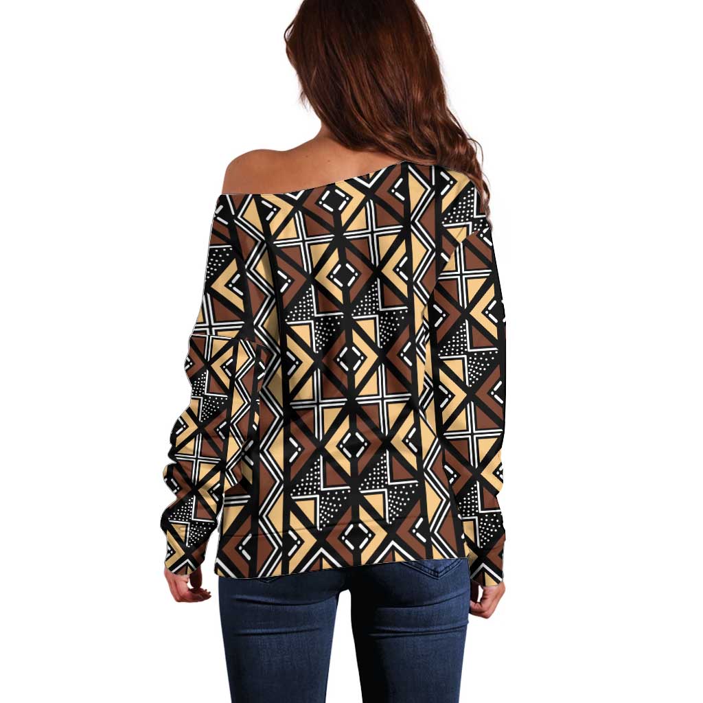 Mali Mud Cloth Legacy Pattern Off Shoulder Sweater Ethnic Geometry Style - Wonder Print Shop