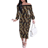 Mali Mud Cloth Legacy Pattern Off The Shoulder Long Sleeve Dress Ethnic Geometry Style - Wonder Print Shop