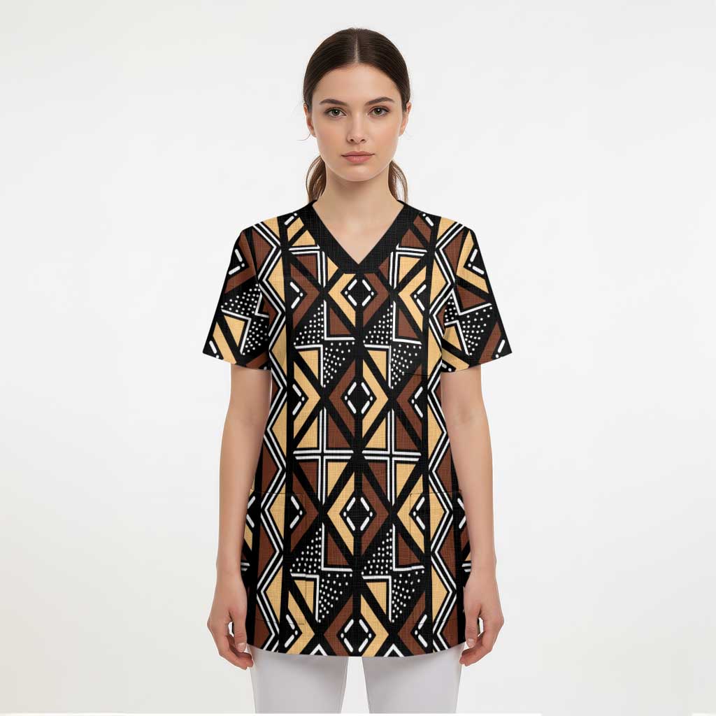 Mali Mud Cloth Legacy Pattern Scrub Top Ethnic Geometry Style - Wonder Print Shop