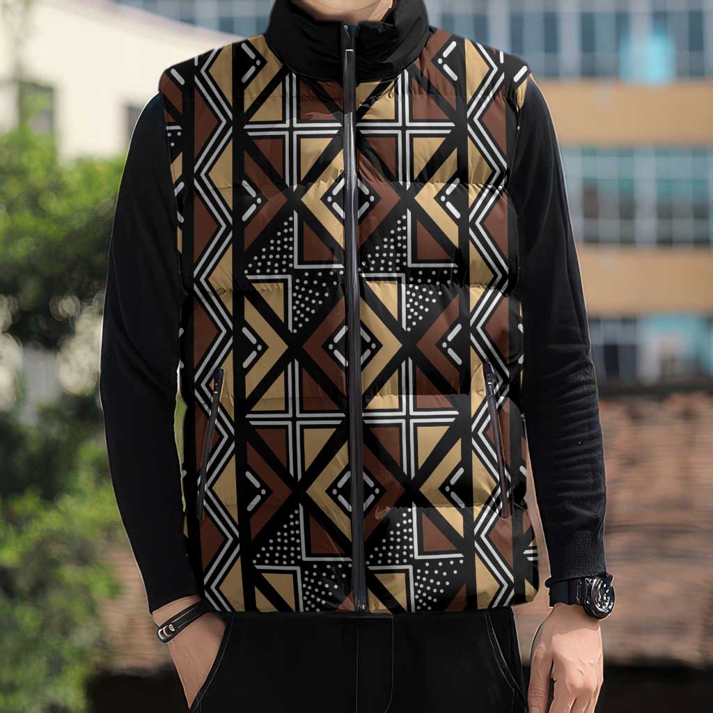 Mali Mud Cloth Legacy Pattern Sleeveless Puffer Jacket Ethnic Geometry Style - Wonder Print Shop