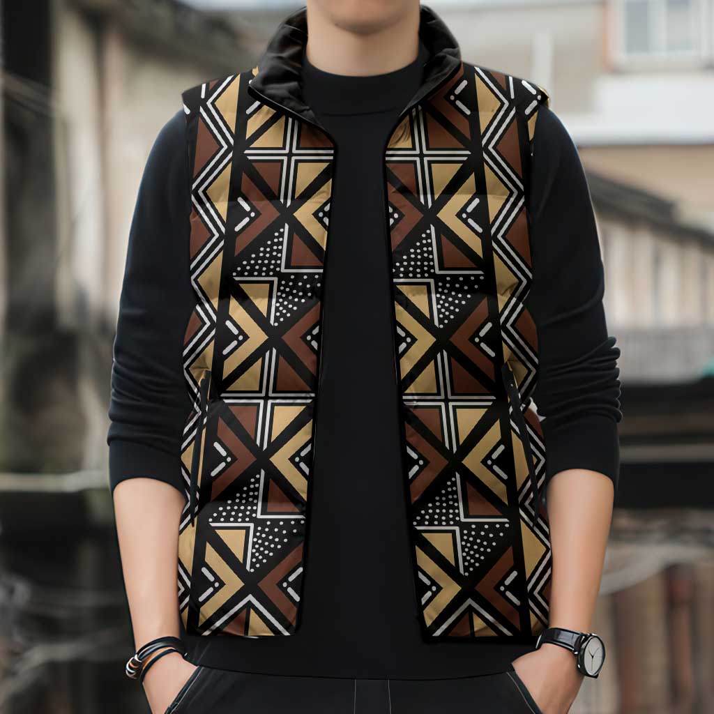 Mali Mud Cloth Legacy Pattern Sleeveless Puffer Jacket Ethnic Geometry Style - Wonder Print Shop