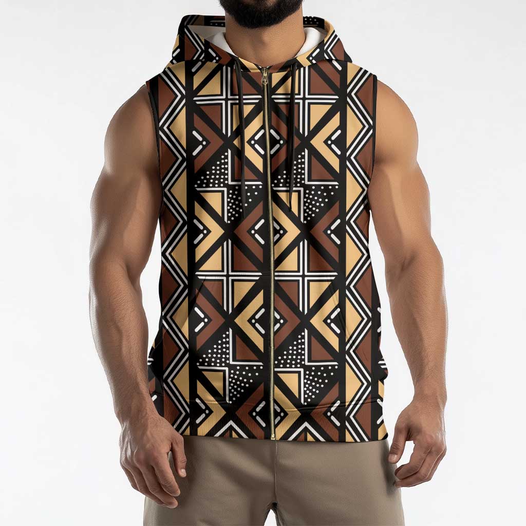 Mali Mud Cloth Legacy Pattern Sleeveless Zip Hoodie Ethnic Geometry Style - Wonder Print Shop
