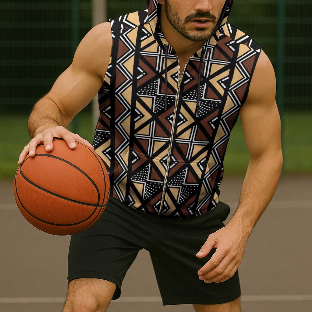 Mali Mud Cloth Legacy Pattern Sleeveless Zip Hoodie Ethnic Geometry Style - Wonder Print Shop