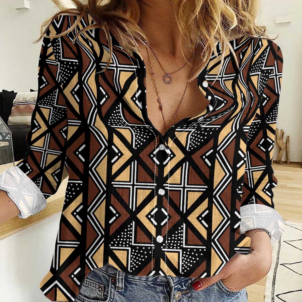 Mali Mud Cloth Legacy Pattern Women Casual Shirt Ethnic Geometry Style - Wonder Print Shop