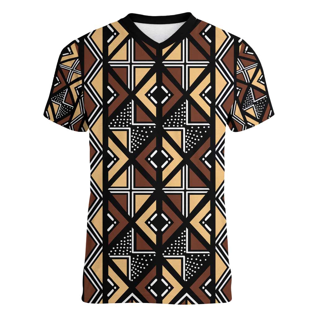 Mali Mud Cloth Legacy Pattern Women V-Neck T-Shirt Ethnic Geometry Style - Wonder Print Shop
