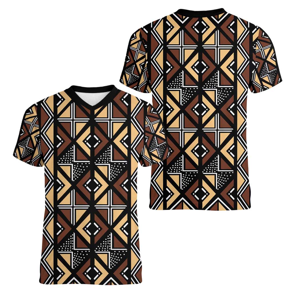 Mali Mud Cloth Legacy Pattern Women V-Neck T-Shirt Ethnic Geometry Style - Wonder Print Shop