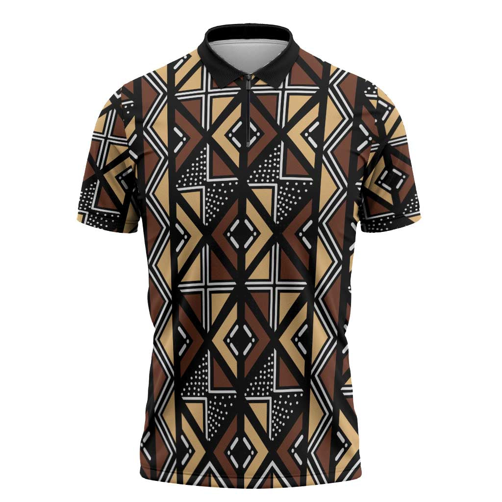 Mali Mud Cloth Legacy Pattern Zipper Polo Shirt Ethnic Geometry Style - Wonder Print Shop