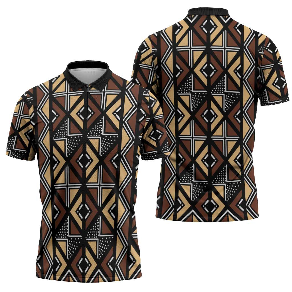 Mali Mud Cloth Legacy Pattern Zipper Polo Shirt Ethnic Geometry Style - Wonder Print Shop