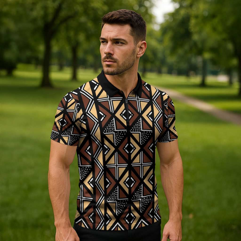 Mali Mud Cloth Legacy Pattern Zipper Polo Shirt Ethnic Geometry Style - Wonder Print Shop