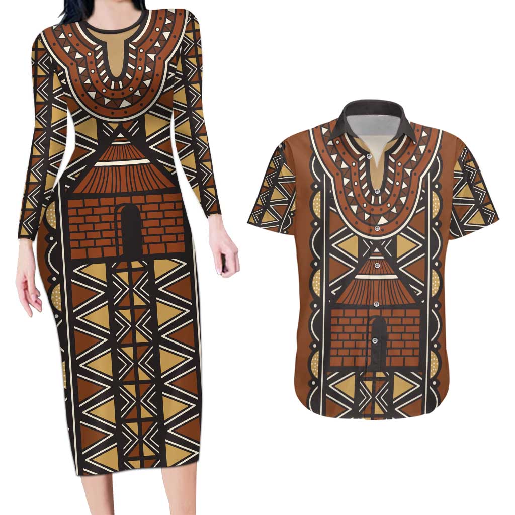 Mali Mud Cloth African Village Couples Matching Long Sleeve Bodycon Dress and Hawaiian Shirt Ethnic Geometry Style - Wonder Print Shop