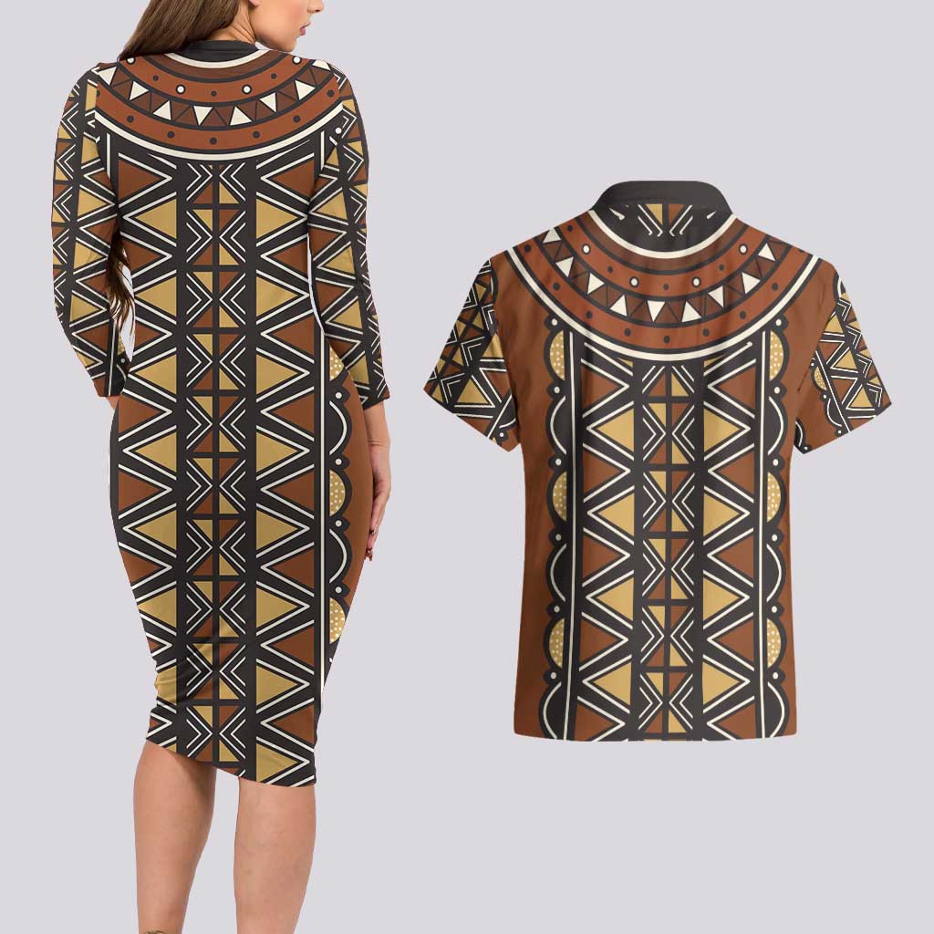 Mali Mud Cloth African Village Couples Matching Long Sleeve Bodycon Dress and Hawaiian Shirt Ethnic Geometry Style - Wonder Print Shop