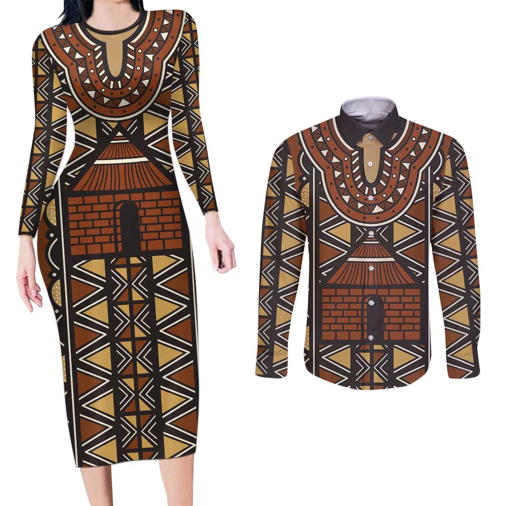 Mali Mud Cloth African Village Couples Matching Long Sleeve Bodycon Dress and Long Sleeve Button Shirt Ethnic Geometry Style - Wonder Print Shop