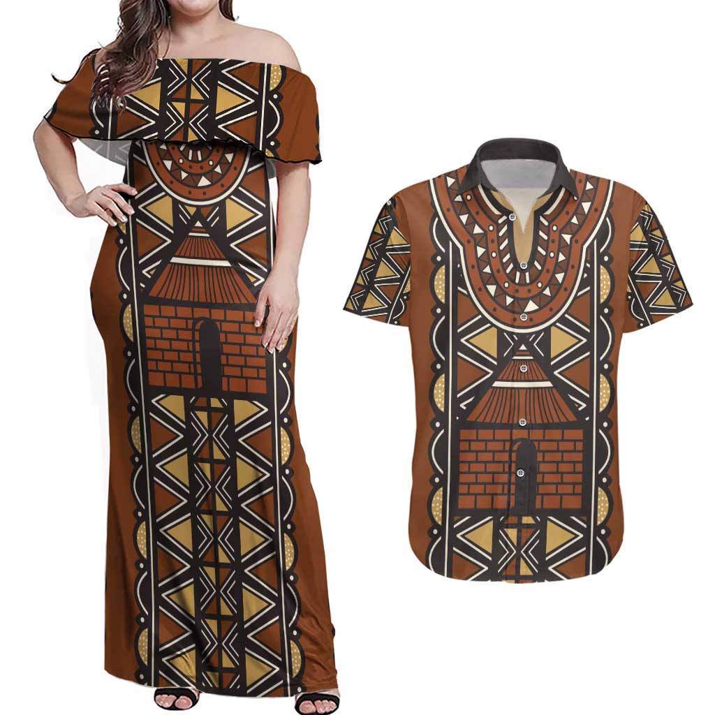 Mali Mud Cloth African Village Couples Matching Off Shoulder Maxi Dress and Hawaiian Shirt Ethnic Geometry Style - Wonder Print Shop