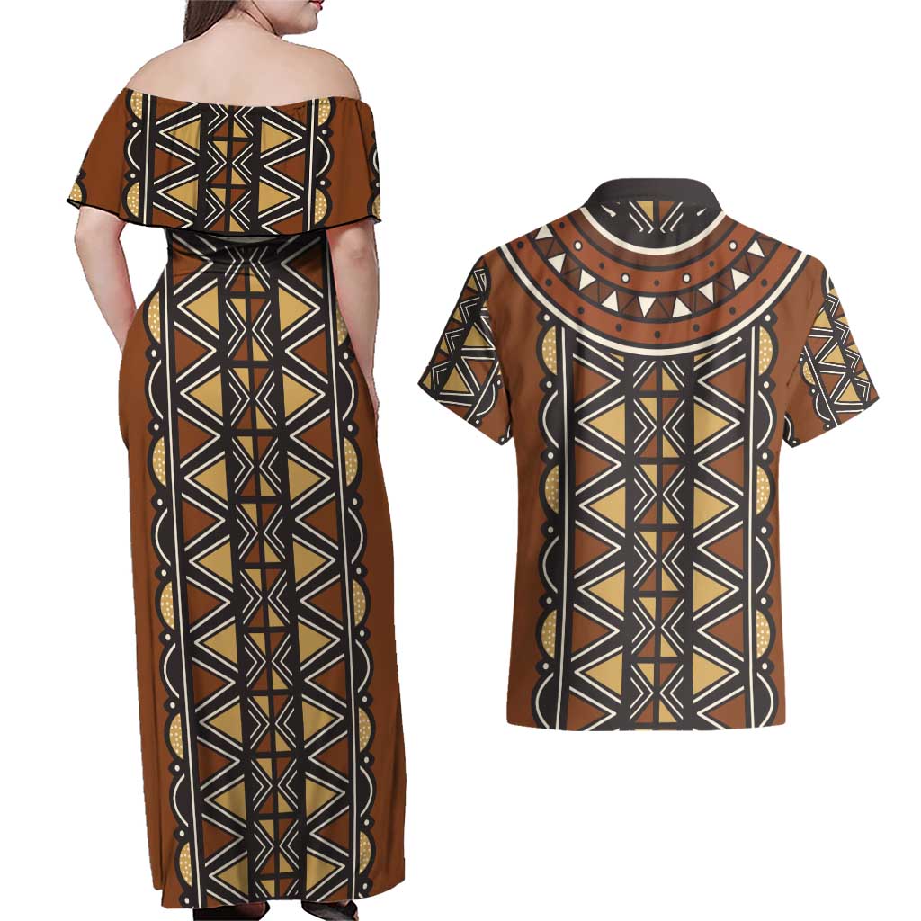 Mali Mud Cloth African Village Couples Matching Off Shoulder Maxi Dress and Hawaiian Shirt Ethnic Geometry Style - Wonder Print Shop