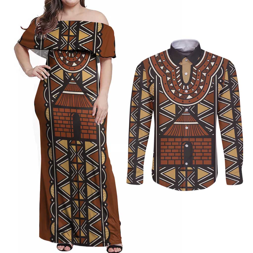 Mali Mud Cloth African Village Couples Matching Off Shoulder Maxi Dress and Long Sleeve Button Shirt Ethnic Geometry Style - Wonder Print Shop