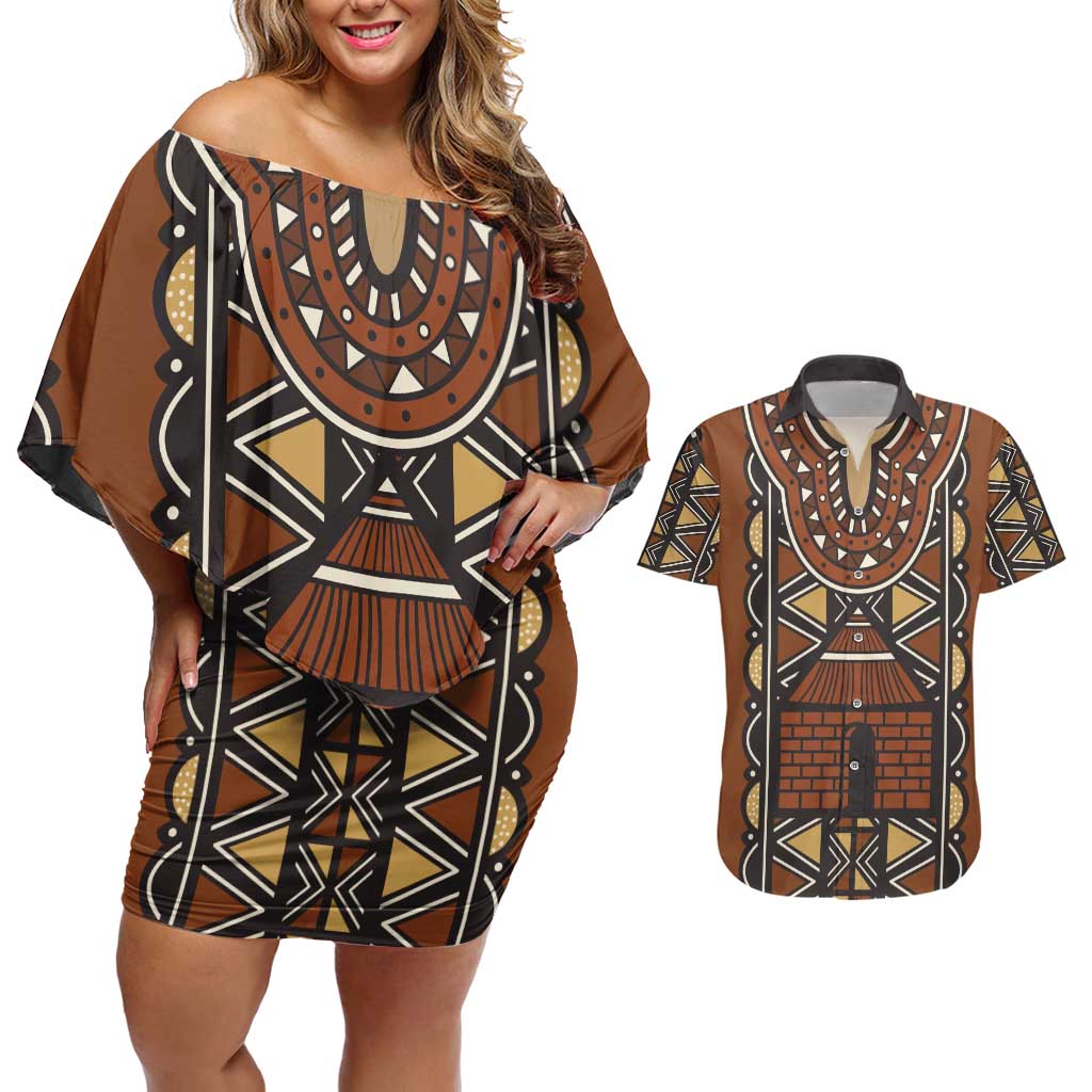 Mali Mud Cloth African Village Couples Matching Off Shoulder Short Dress and Hawaiian Shirt Ethnic Geometry Style - Wonder Print Shop