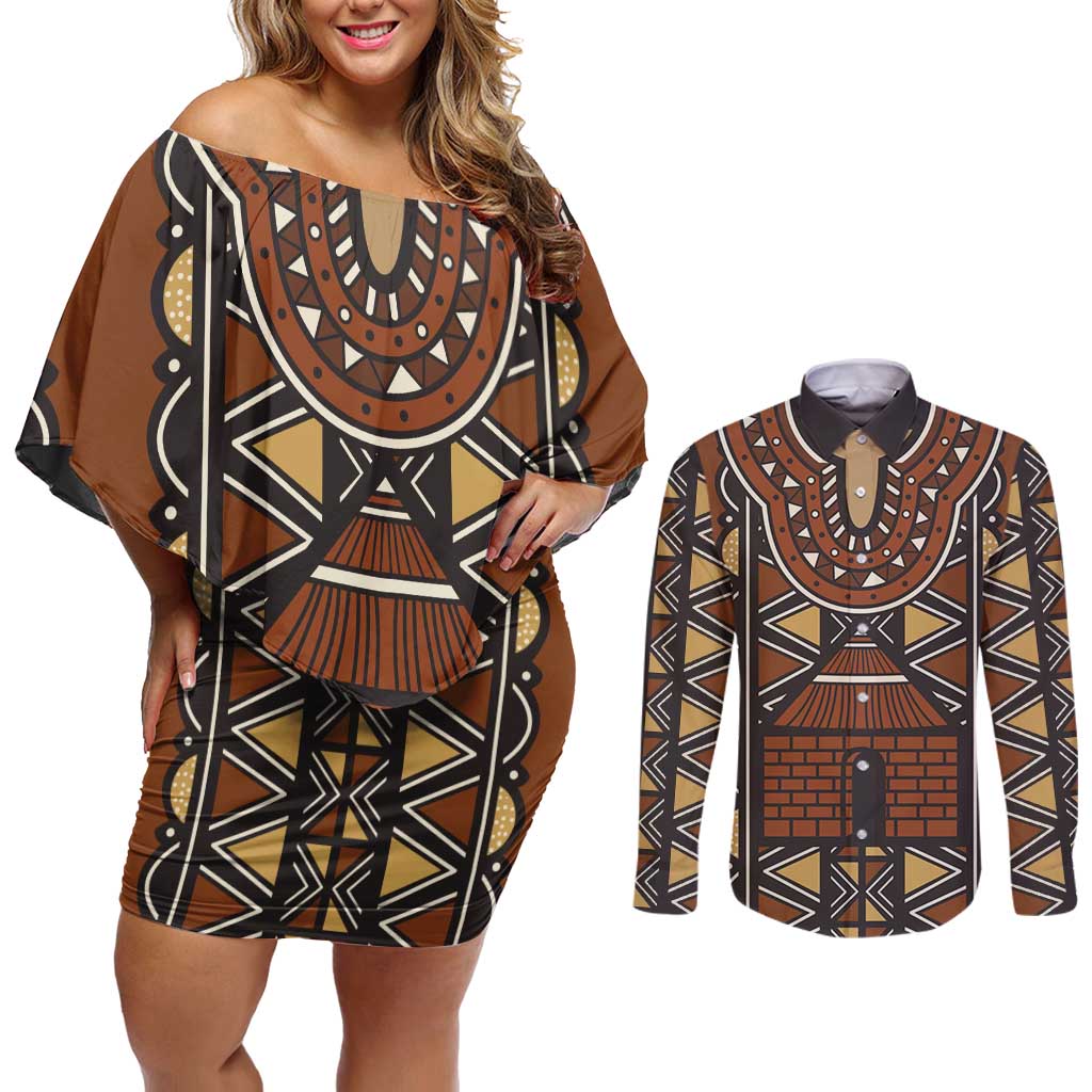 Mali Mud Cloth African Village Couples Matching Off Shoulder Short Dress and Long Sleeve Button Shirt Ethnic Geometry Style - Wonder Print Shop