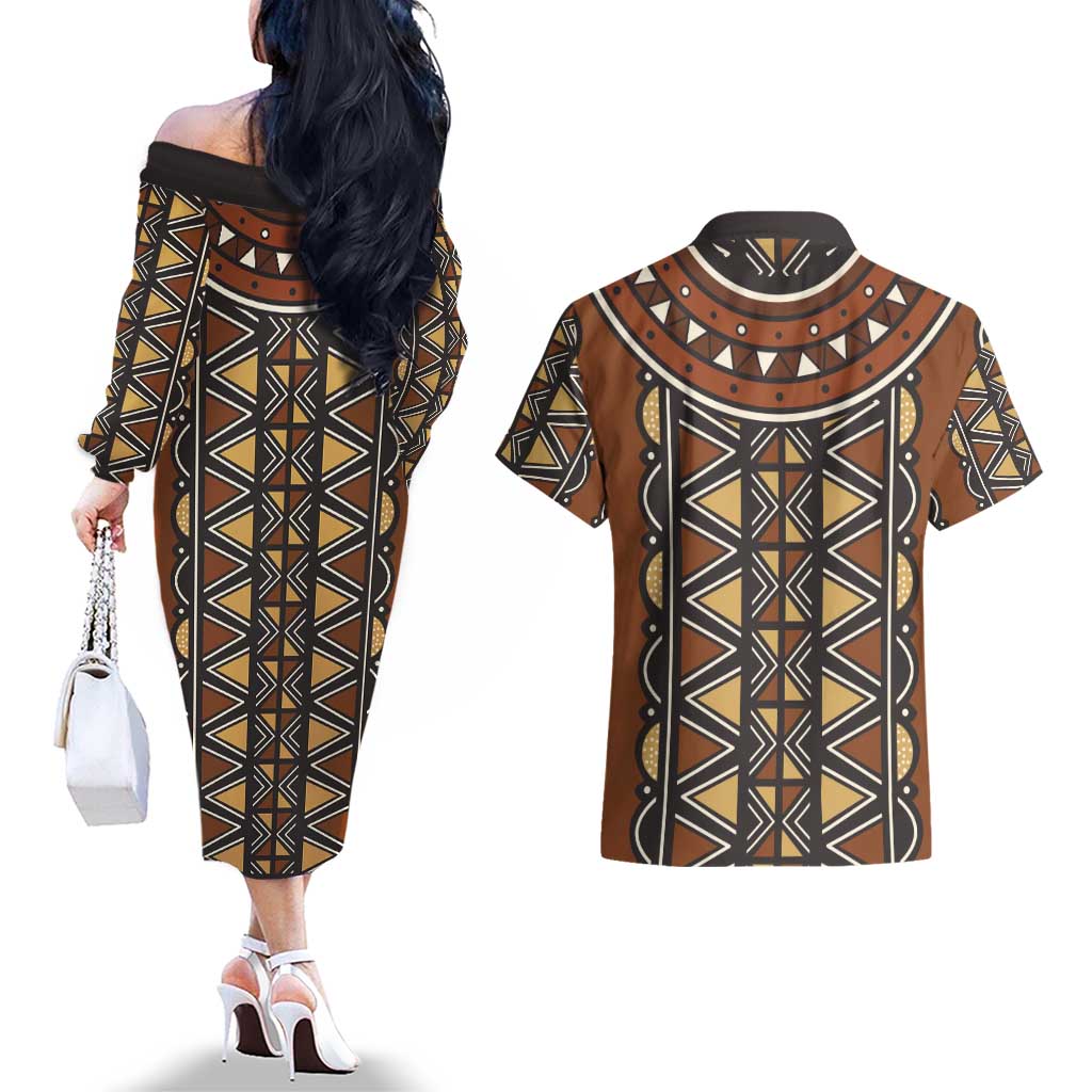 Mali Mud Cloth African Village Couples Matching Off The Shoulder Long Sleeve Dress and Hawaiian Shirt Ethnic Geometry Style - Wonder Print Shop
