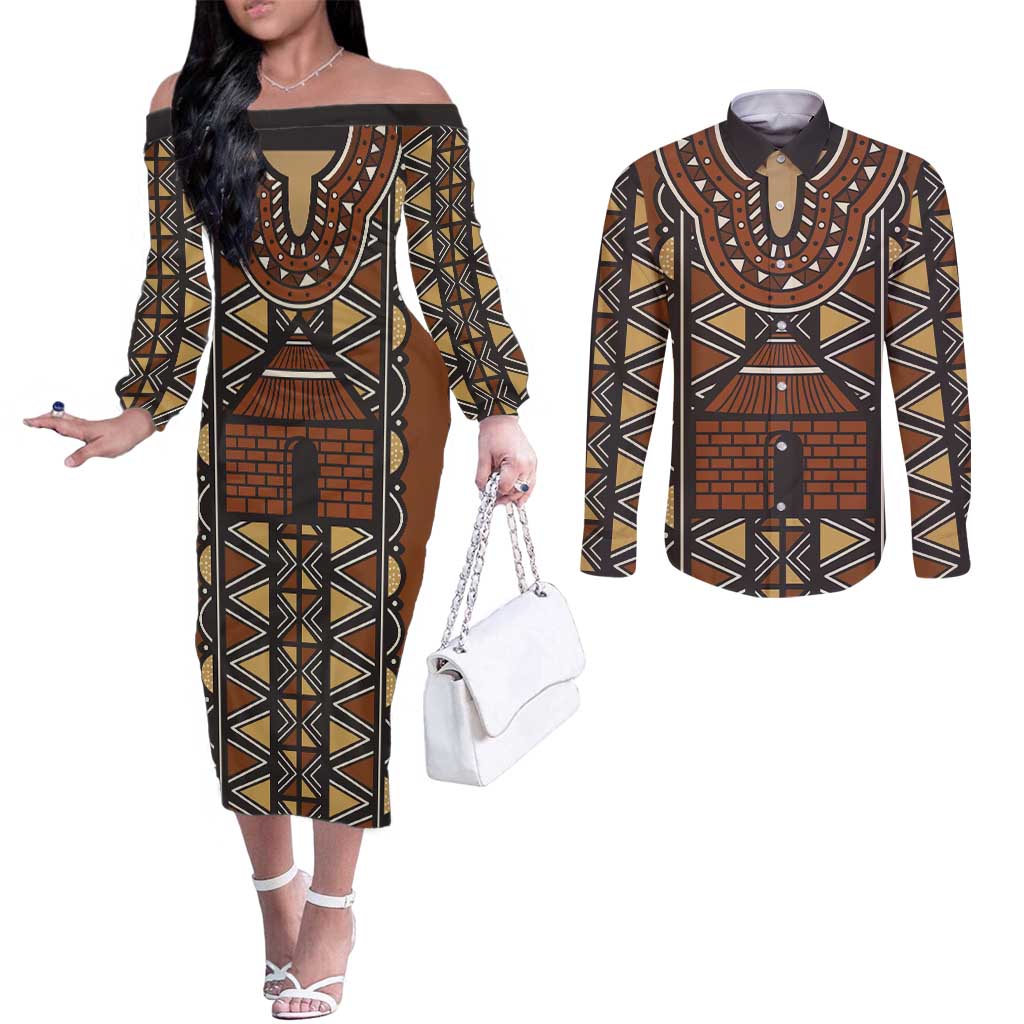Mali Mud Cloth African Village Couples Matching Off The Shoulder Long Sleeve Dress and Long Sleeve Button Shirt Ethnic Geometry Style - Wonder Print Shop