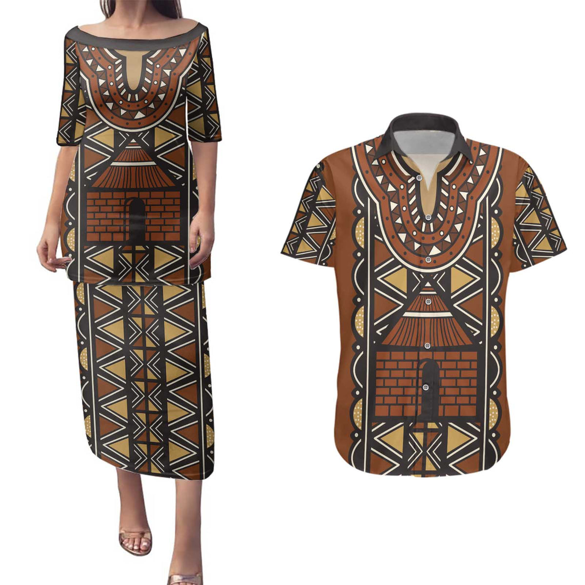 Mali Mud Cloth African Village Couples Matching Puletasi and Hawaiian Shirt Ethnic Geometry Style - Wonder Print Shop