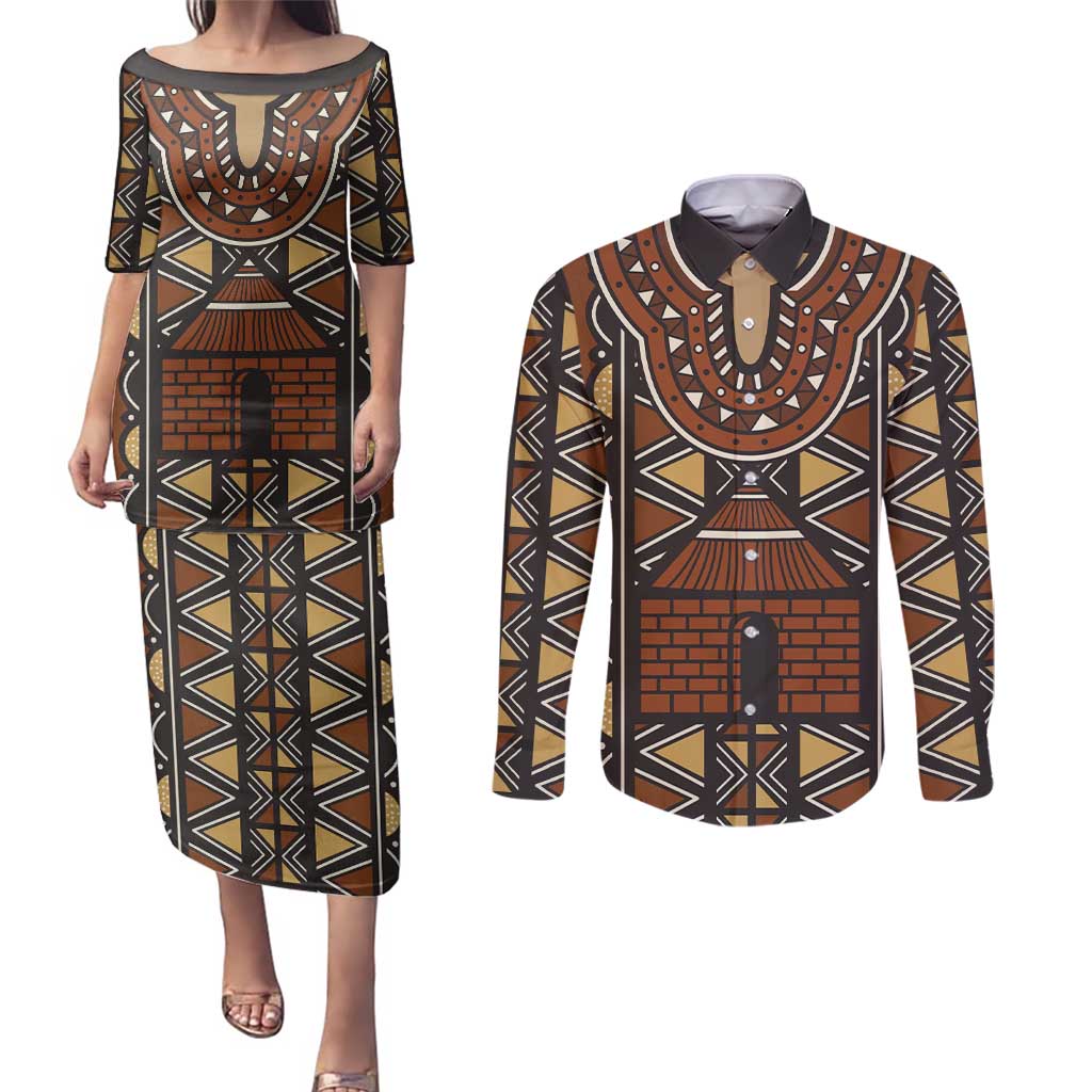 Mali Mud Cloth African Village Couples Matching Puletasi and Long Sleeve Button Shirt Ethnic Geometry Style - Wonder Print Shop