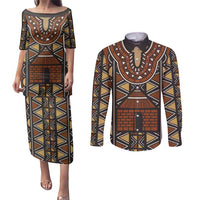 Mali Mud Cloth African Village Couples Matching Puletasi and Long Sleeve Button Shirt Ethnic Geometry Style - Wonder Print Shop