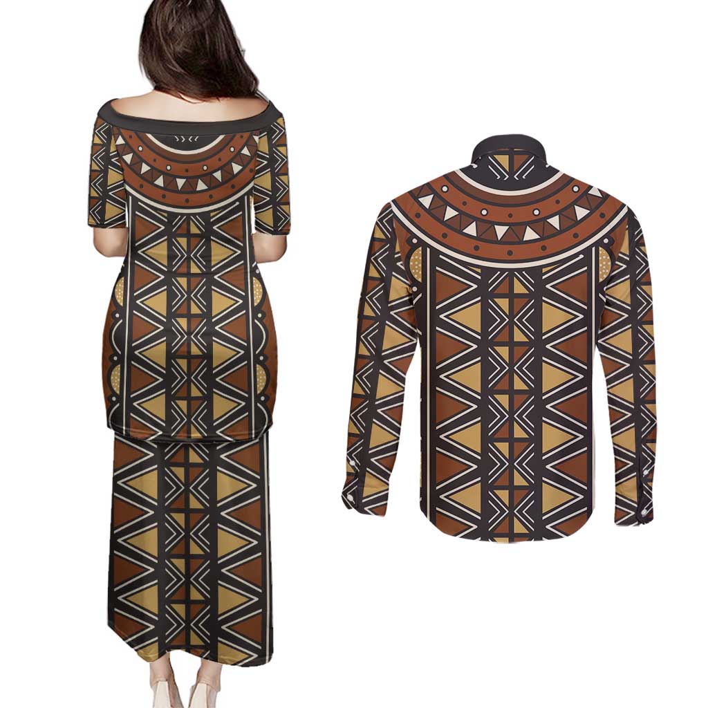 Mali Mud Cloth African Village Couples Matching Puletasi and Long Sleeve Button Shirt Ethnic Geometry Style - Wonder Print Shop