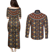 Mali Mud Cloth African Village Couples Matching Puletasi and Long Sleeve Button Shirt Ethnic Geometry Style - Wonder Print Shop