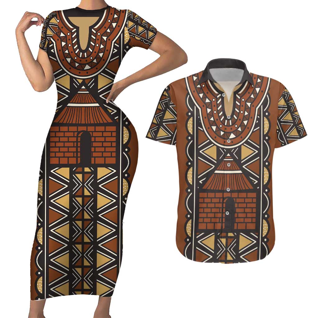Mali Mud Cloth African Village Couples Matching Short Sleeve Bodycon Dress and Hawaiian Shirt Ethnic Geometry Style - Wonder Print Shop