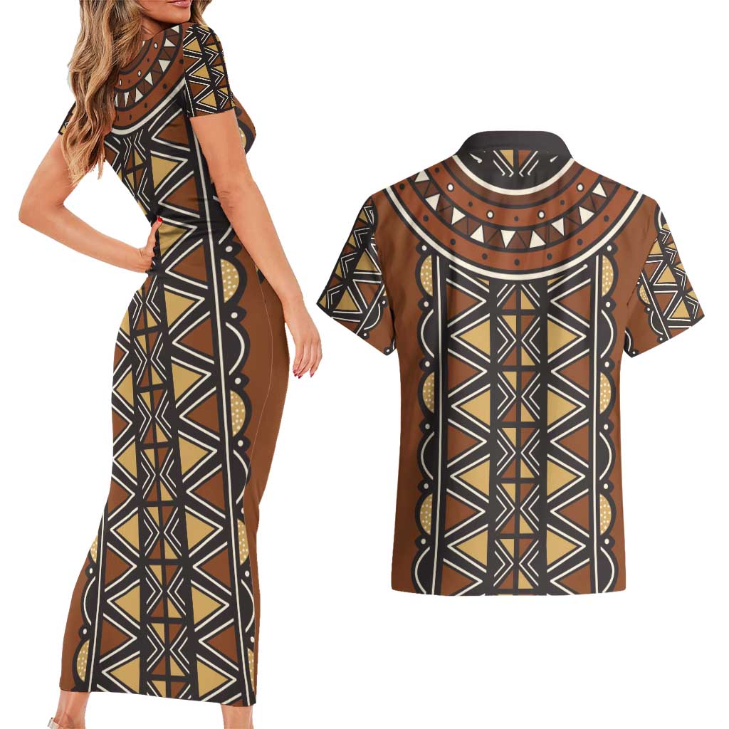 Mali Mud Cloth African Village Couples Matching Short Sleeve Bodycon Dress and Hawaiian Shirt Ethnic Geometry Style - Wonder Print Shop