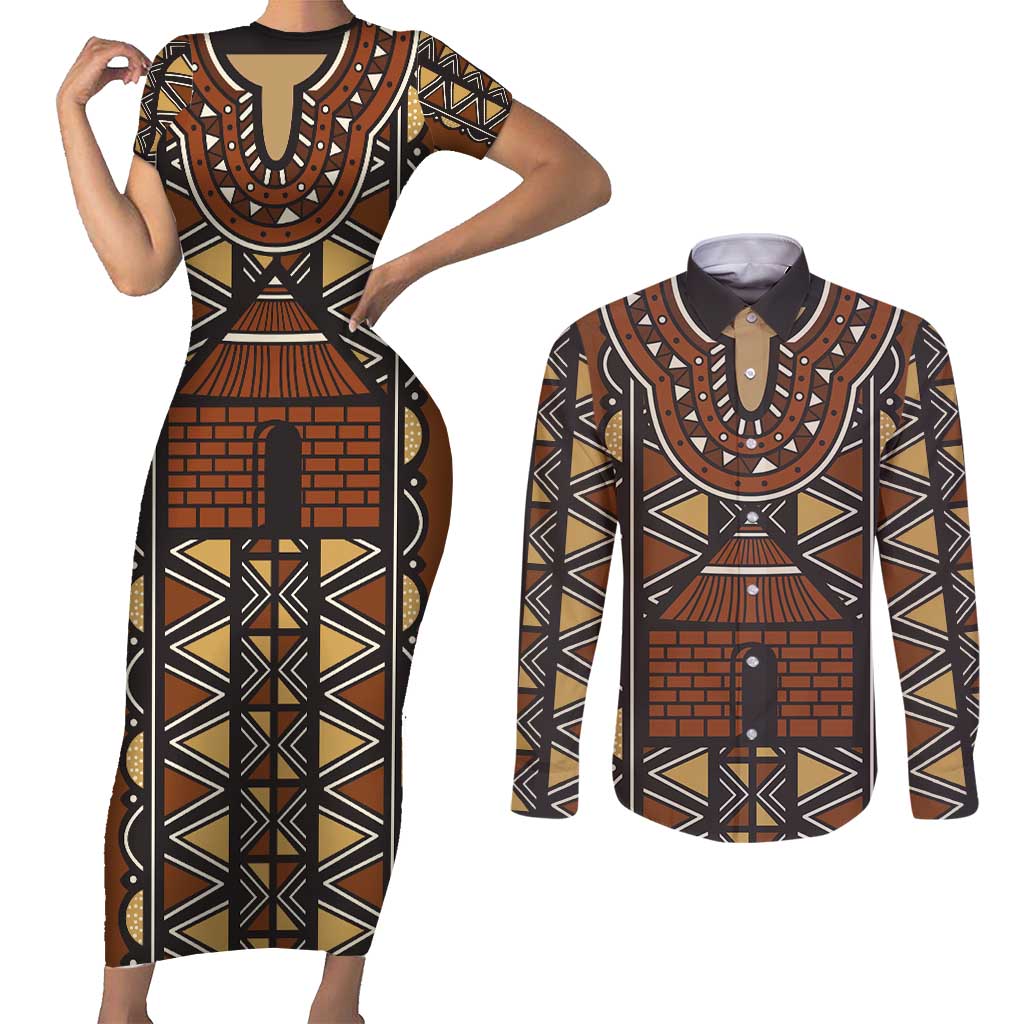 Mali Mud Cloth African Village Couples Matching Short Sleeve Bodycon Dress and Long Sleeve Button Shirt Ethnic Geometry Style - Wonder Print Shop