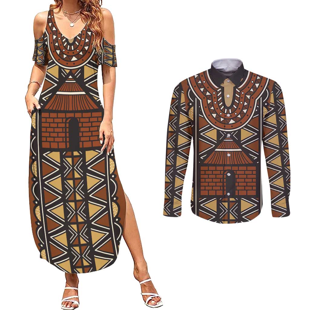 Mali Mud Cloth African Village Couples Matching Summer Maxi Dress and Long Sleeve Button Shirt Ethnic Geometry Style - Wonder Print Shop
