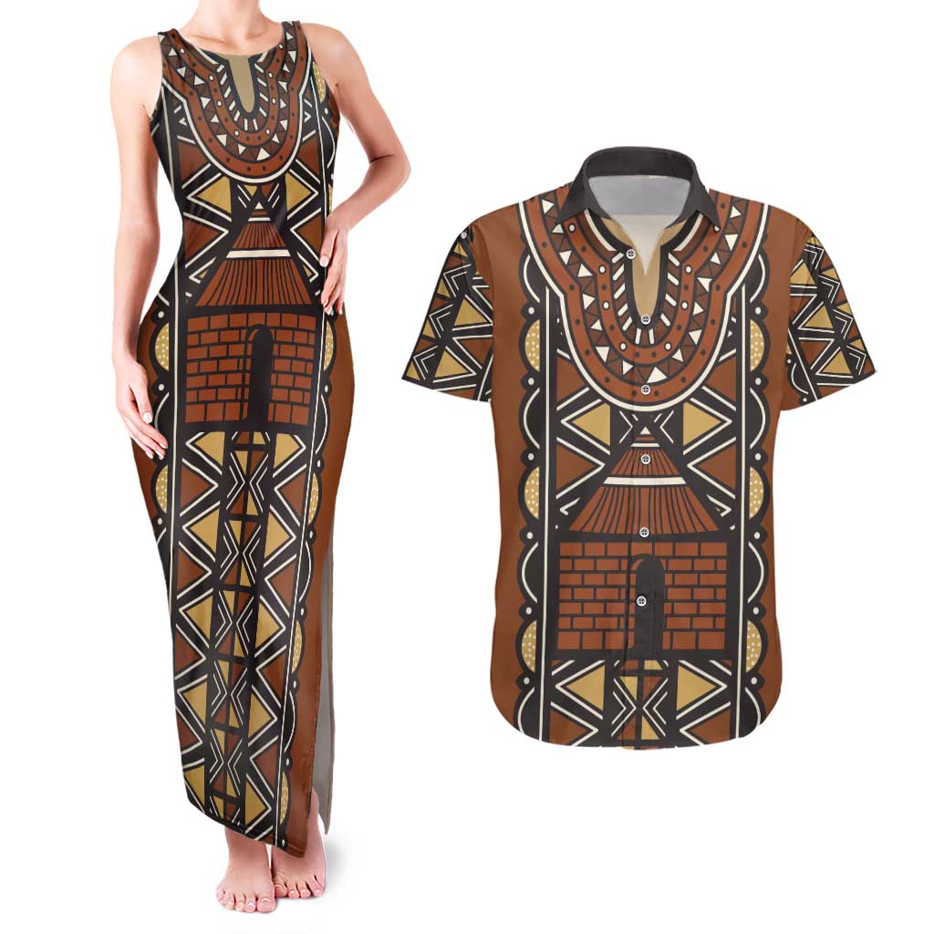 Mali Mud Cloth African Village Couples Matching Tank Maxi Dress and Hawaiian Shirt Ethnic Geometry Style - Wonder Print Shop