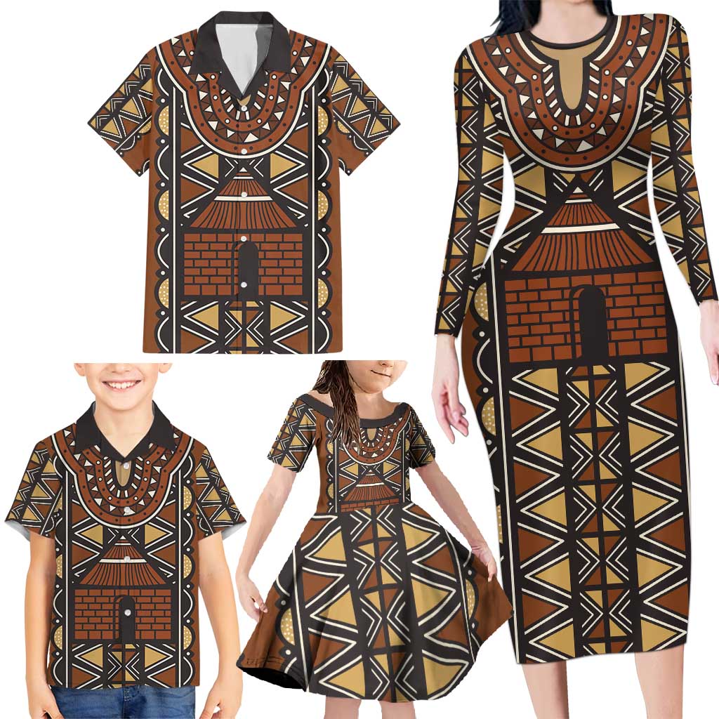 Mali Mud Cloth African Village Family Matching Long Sleeve Bodycon Dress and Hawaiian Shirt Ethnic Geometry Style - Wonder Print Shop