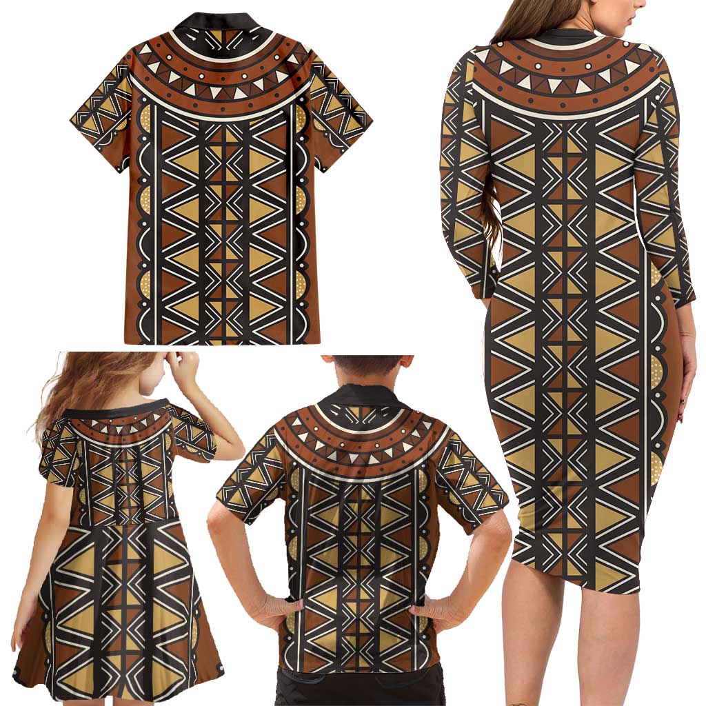 Mali Mud Cloth African Village Family Matching Long Sleeve Bodycon Dress and Hawaiian Shirt Ethnic Geometry Style - Wonder Print Shop