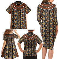 Mali Mud Cloth African Village Family Matching Long Sleeve Bodycon Dress and Hawaiian Shirt Ethnic Geometry Style - Wonder Print Shop
