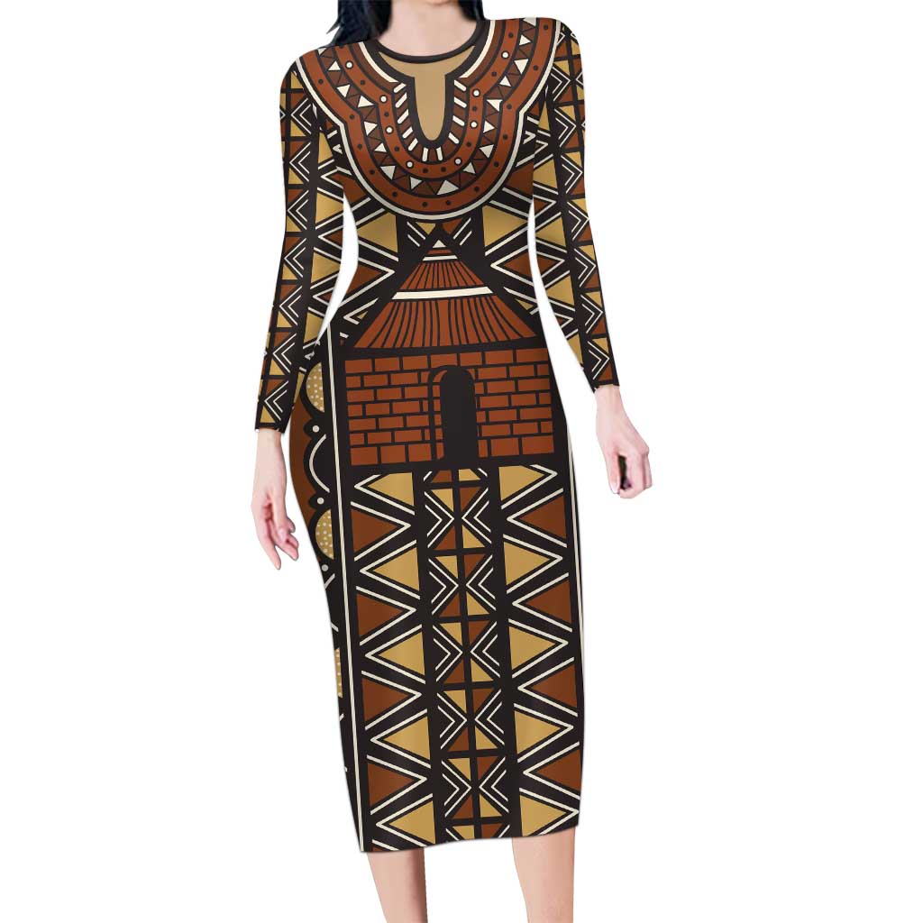 Mali Mud Cloth African Village Family Matching Long Sleeve Bodycon Dress and Hawaiian Shirt Ethnic Geometry Style - Wonder Print Shop